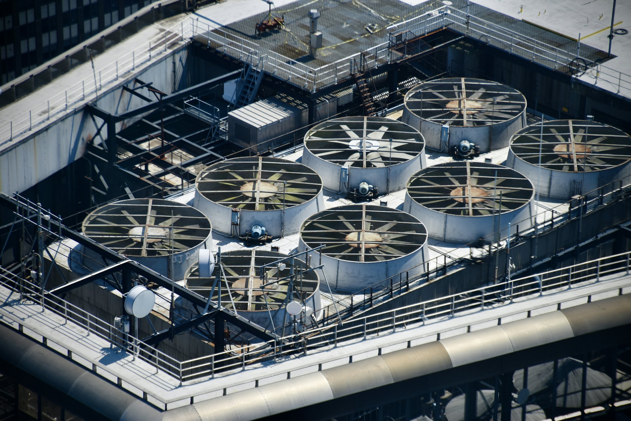 Rooftop cooling towers on a commercial building